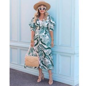 Johanna Ortiz x H&M Linen-blend Dress White and Green Palm Leaf Print Size Large